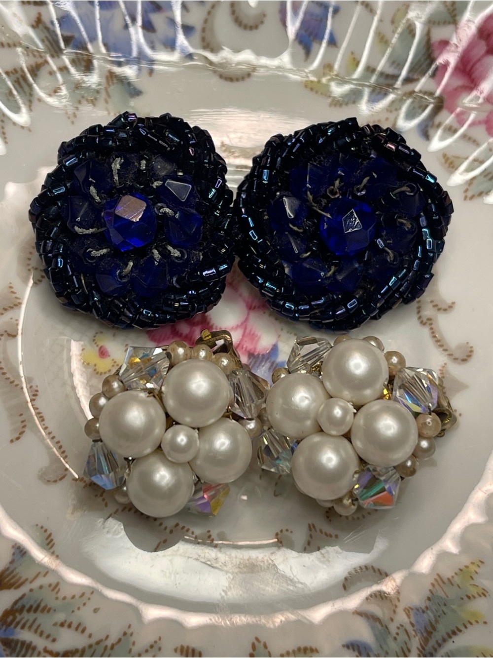 Vintage Bundle Clip-on earrings signed Japan blue beaded white